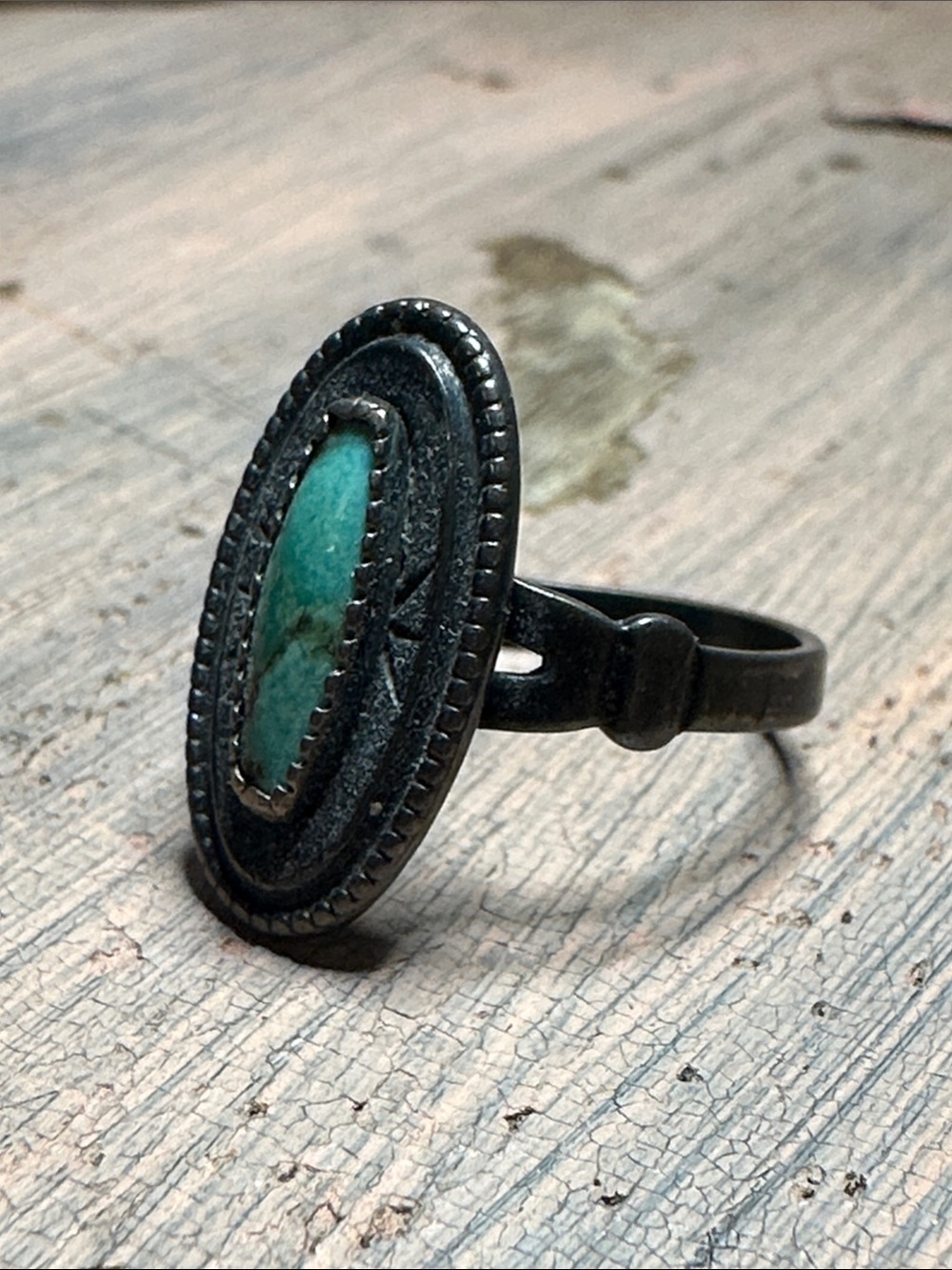 Vintage Sterling Silver Blue Green Turquoise Oval Pinky Ring Signed - Picture 2 of 7